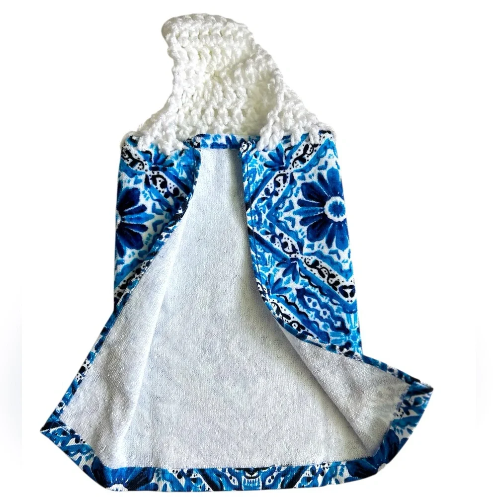Hand Crafted Colorful Blue Floral Retro Hanging Hand Towel Crochet Top